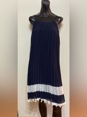 Joie Navy and White Pleated Spaghetti-Strap Dress. Item# TSd32